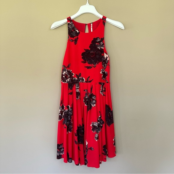 Free People Red Black Flowers Size 2 Dress Flutteby Floral Fit & Flare Pleated - Picture 3 of 12